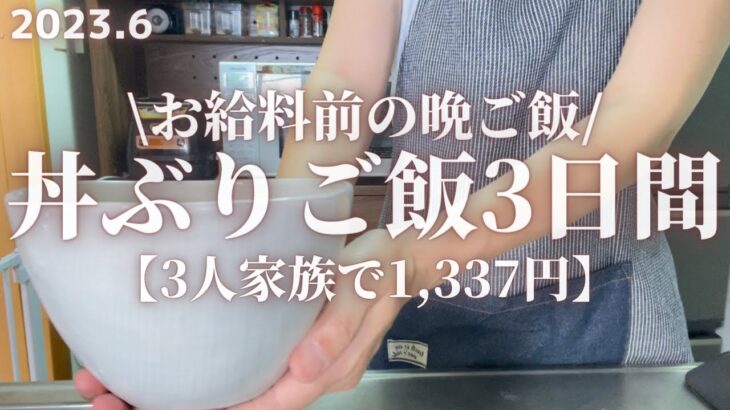 【節約レシピ】３人家族お給料前3日間1,337円で作る丼ぶりメインの晩ご飯レシピ。