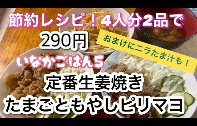 【1週間2500円4人分2品の節約夕飯レシピ⑤】290円定番生姜焼き&たまごともやしピリマヨ！おまけニラ玉子汁付！物価高に負けないゾ！