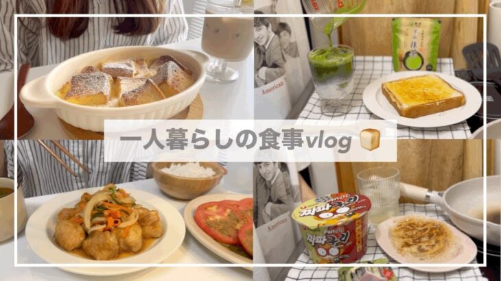 一人暮らしの食事vlog🍞/KALDI購入品/パンプディングと抹茶ラテの作り方📃/鶏肉の南蛮漬け、ピーマンそぼろ丼、カリカリチーズトースト